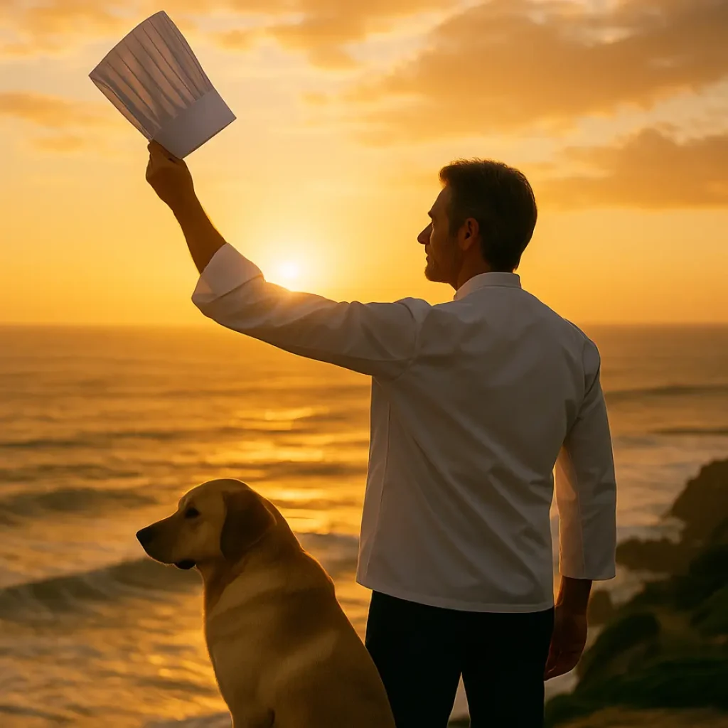 A chef with his dog by the ocean, raising his hat toward the sunset, symbolizing reflection and gratitude.
