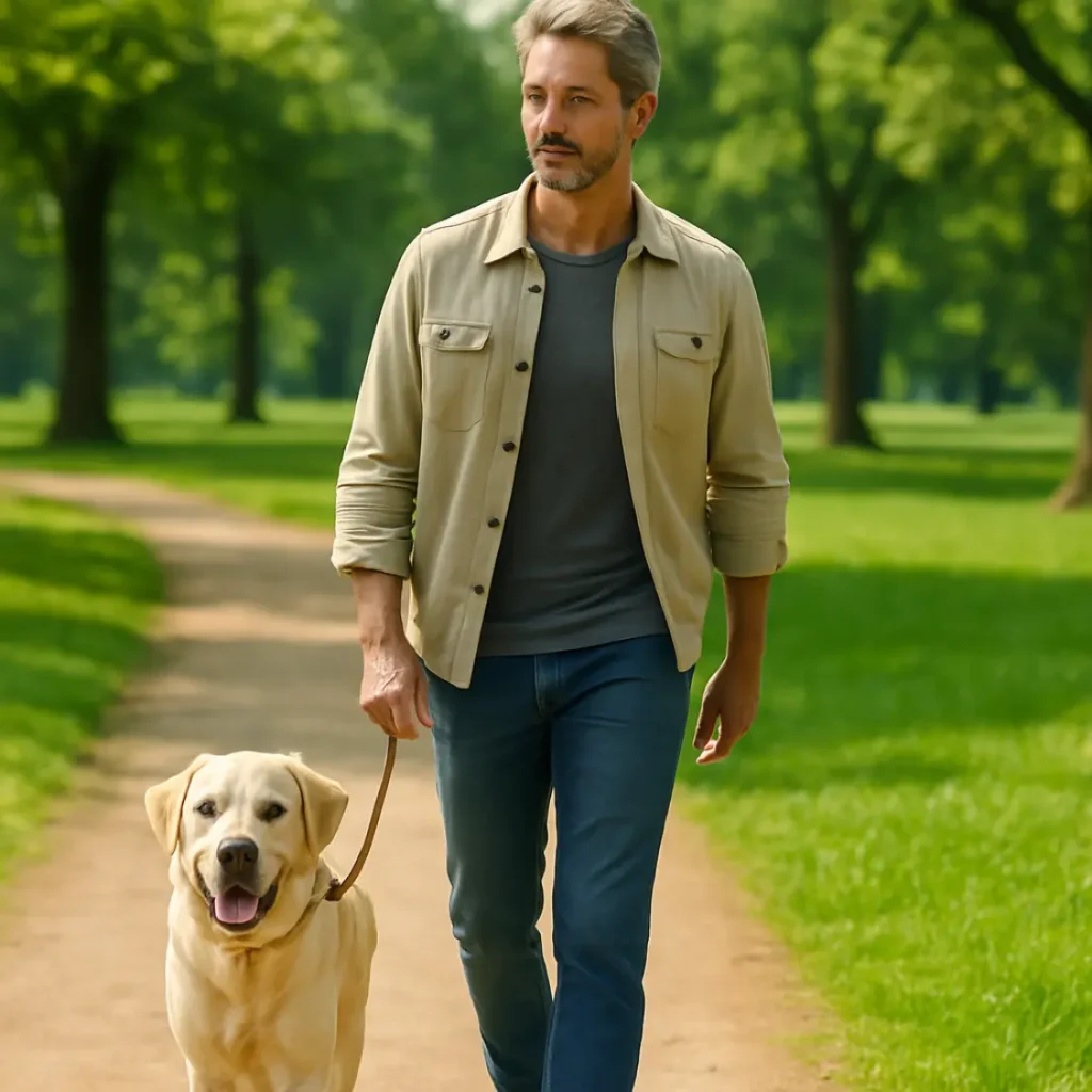 Chef Brooke walking in a green park with his loyal dog, symbolizing balance and inspiration beyond the kitchen.