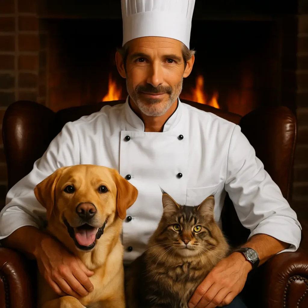 A chef sitting by the fireplace with a dog and a cat on his lap, symbolizing warmth and companionship.