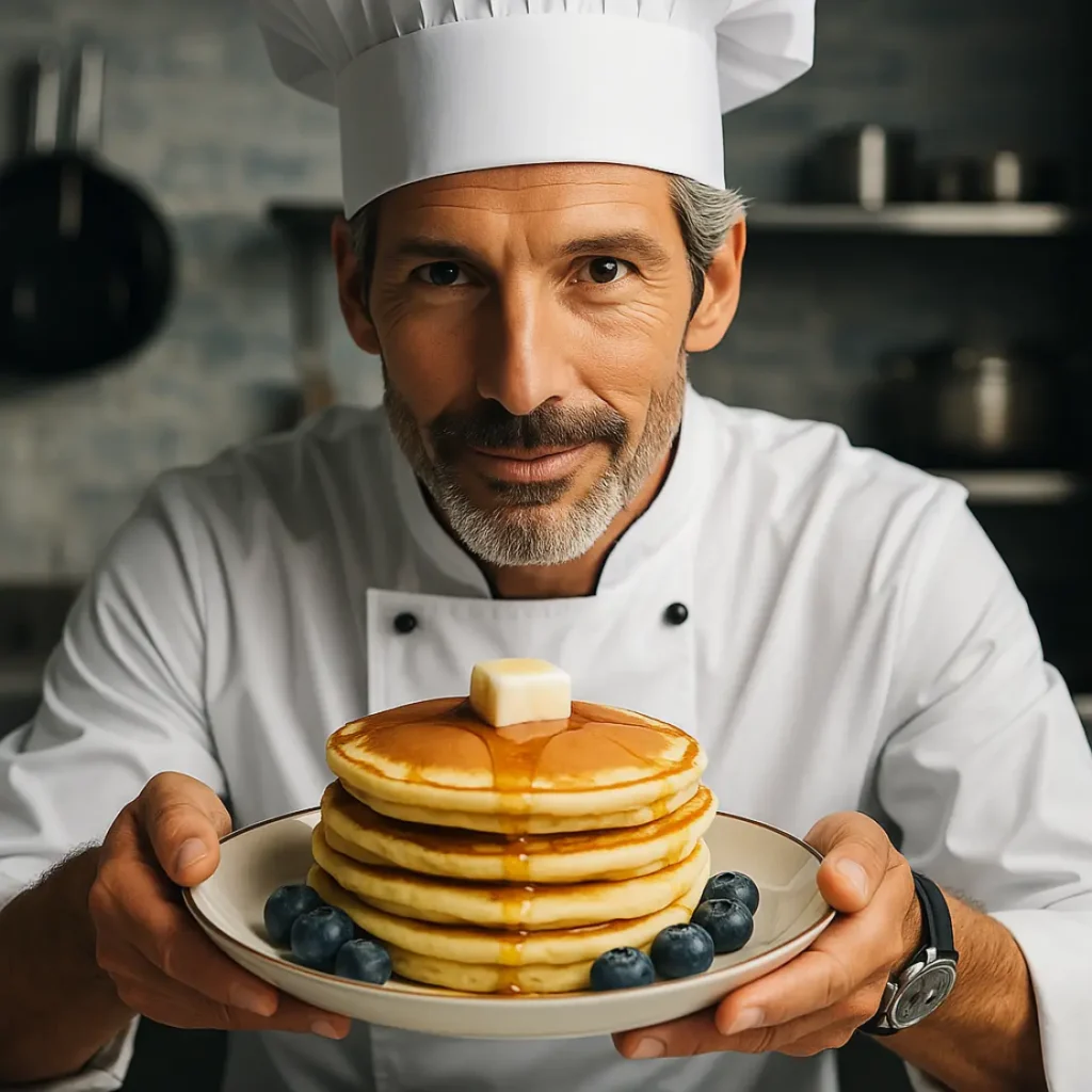 A smiling chef proudly presenting a plate of golden pancakes topped with butter and blueberries.
