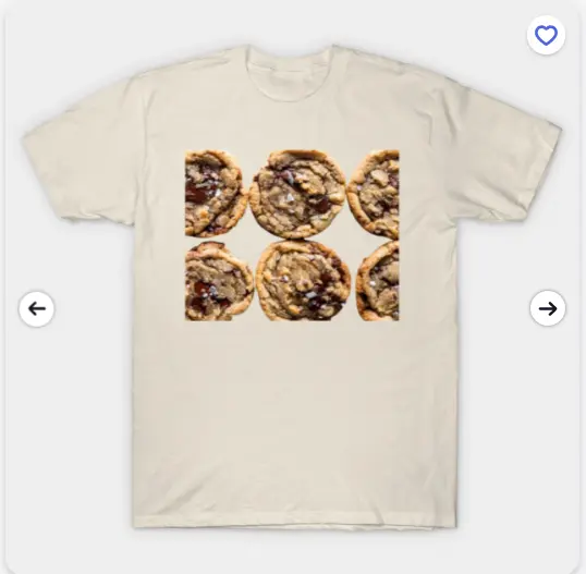 Beige T-shirt featuring a repeating chocolate chip cookie design, foodie apparel for dessert lovers.