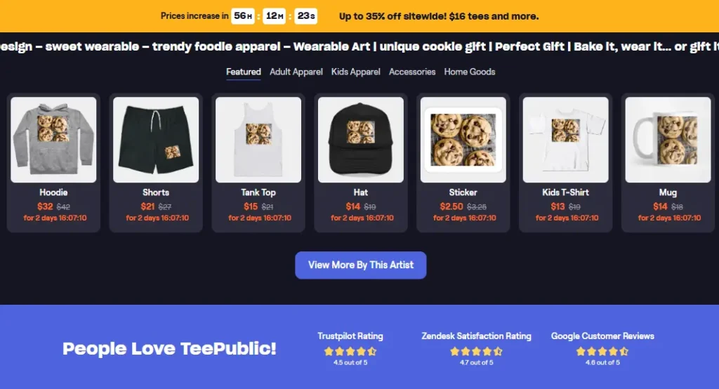 Product lineup featuring cookie-themed designs on hoodie, shorts, tank top, hat, sticker, kids T-shirt, and mug from foodie apparel collection.
