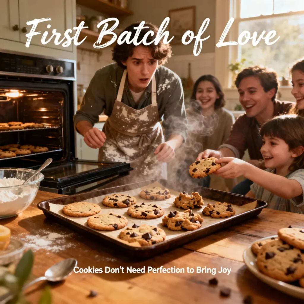 Cookie Memory of a family laughing as the first batch of chocolate chip cookies comes out of the oven