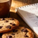 Cookie Memory with chocolate chip cookies, a chef’s notebook, and a warm coffee on a rustic table.