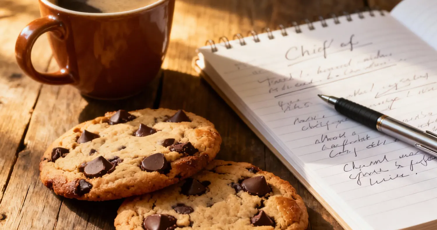 Cookie Memory with chocolate chip cookies, a chef’s notebook, and a warm coffee on a rustic table.