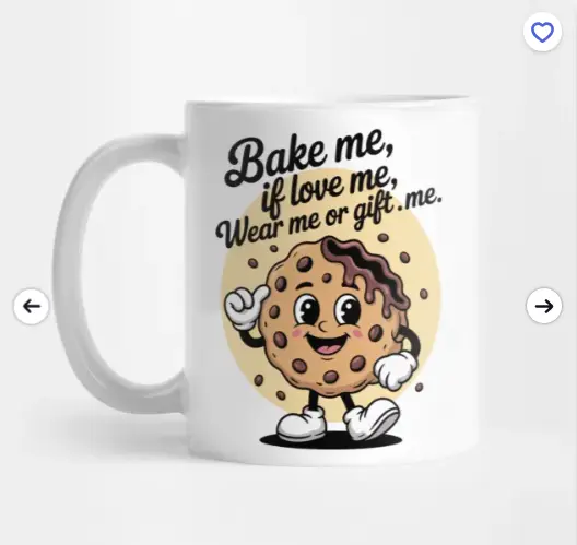 White ceramic mug featuring a smiling cookie character with the slogan “Bake me, if love me, Wear me or gift me.”