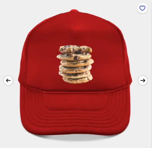Red baseball cap featuring a stacked chocolate chip cookie design on the front panel, fun foodie fashion accessory.