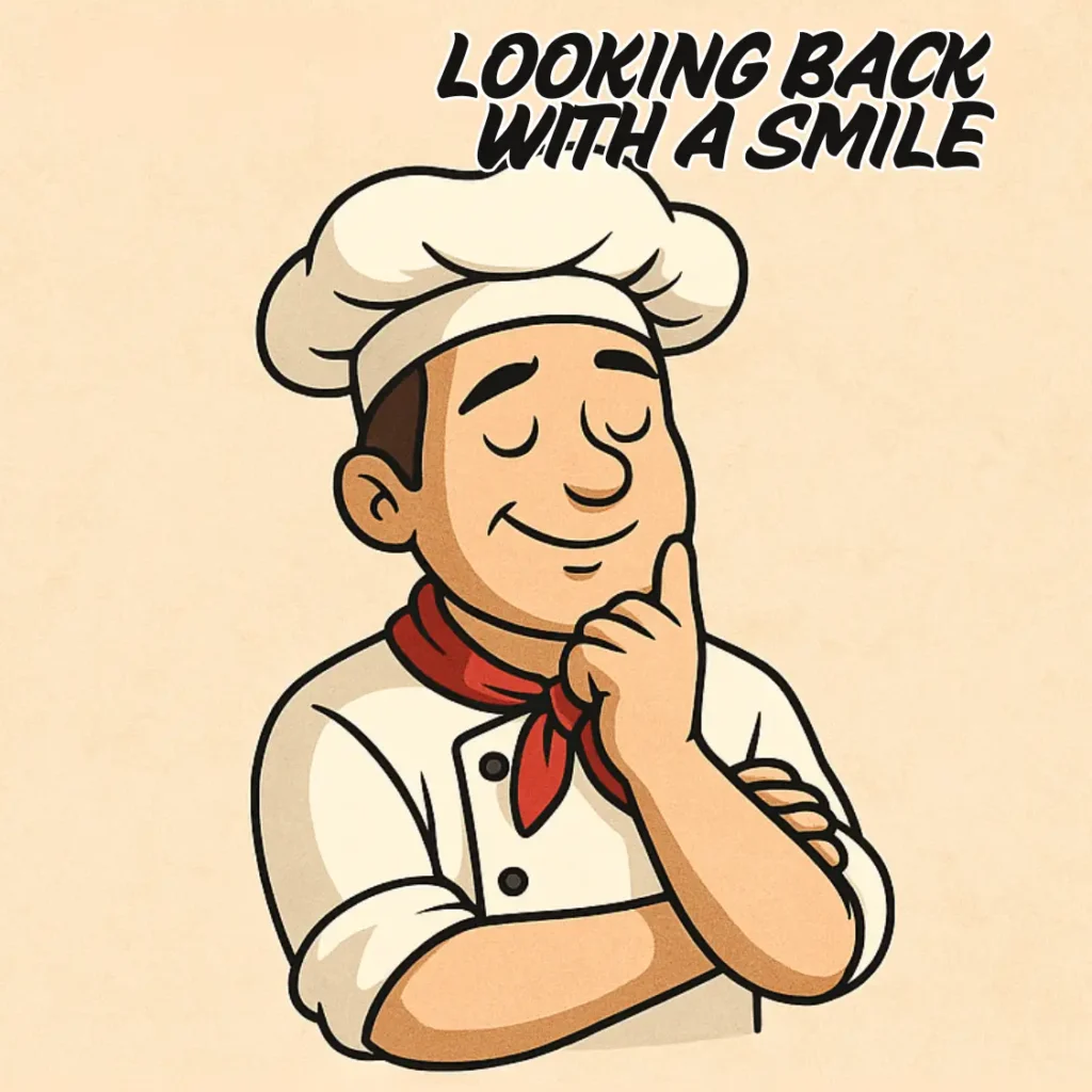 Cartoon illustration of a smiling chef with folded arms and the phrase “Looking Back With a Smile.”