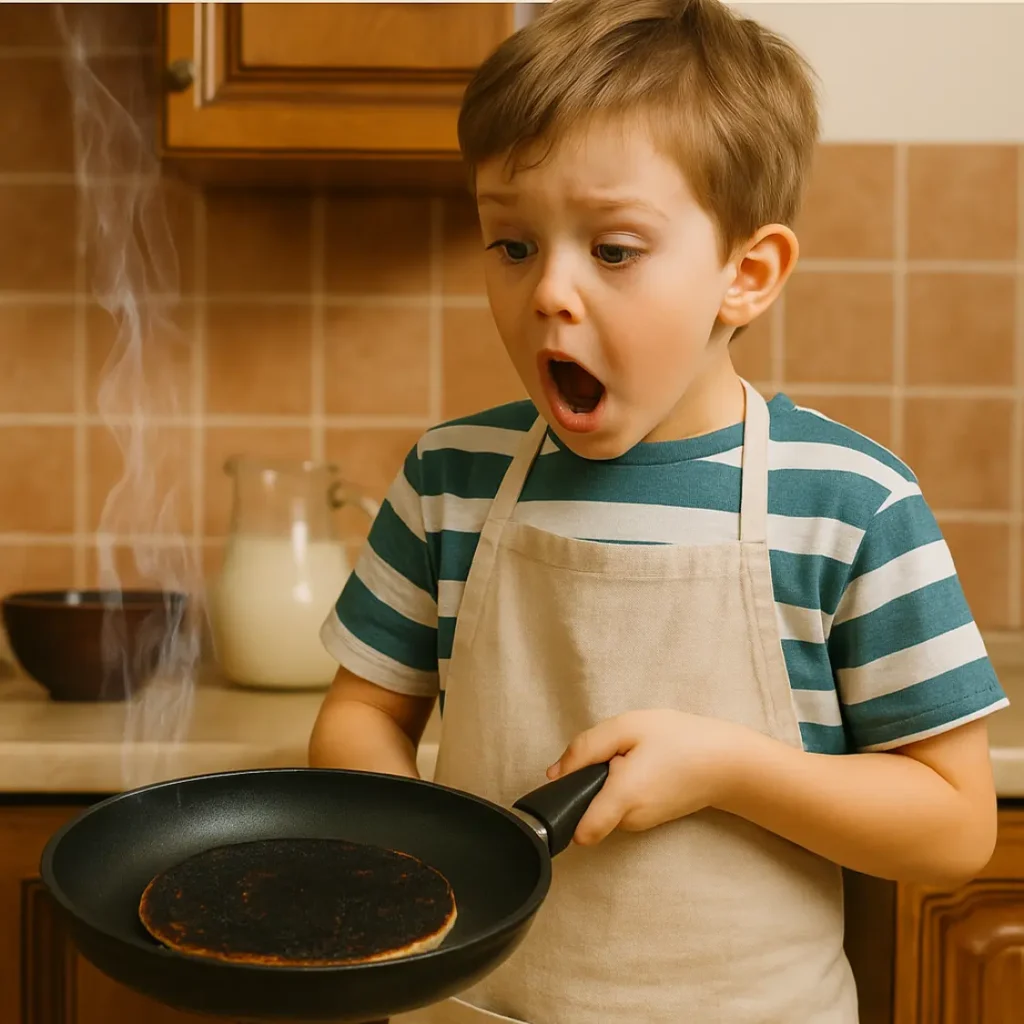 A young boy in an apron holding a smoking pan, shocked at his burnt pancake - a first cooking disaster.