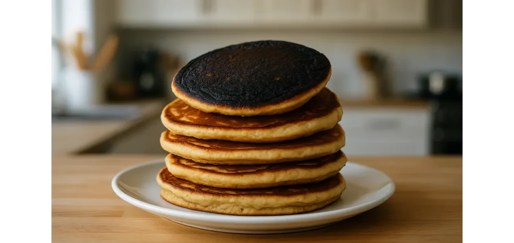 Stack of pancakes with the top one burnt, symbolizing the Pancake Disaster story.