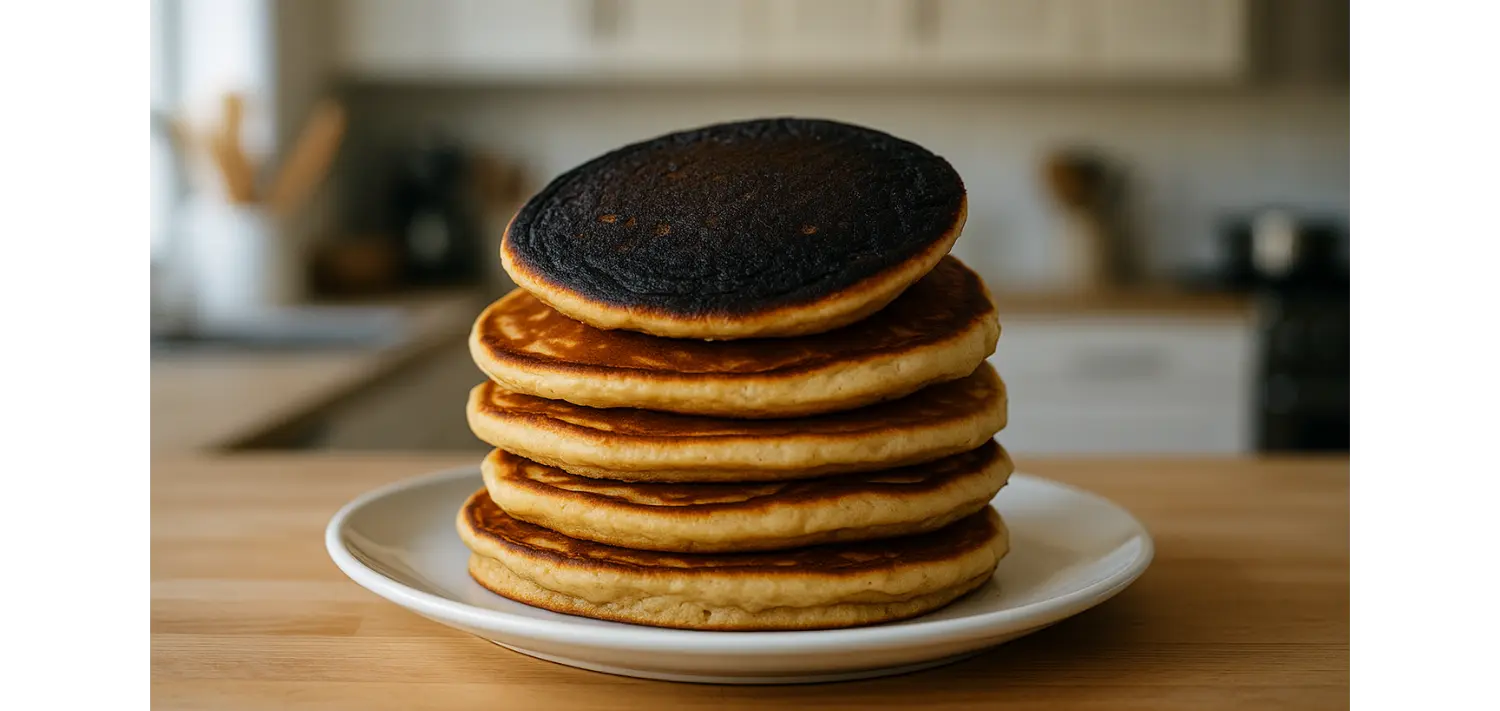 Stack of pancakes with the top one burnt, symbolizing the Pancake Disaster story.