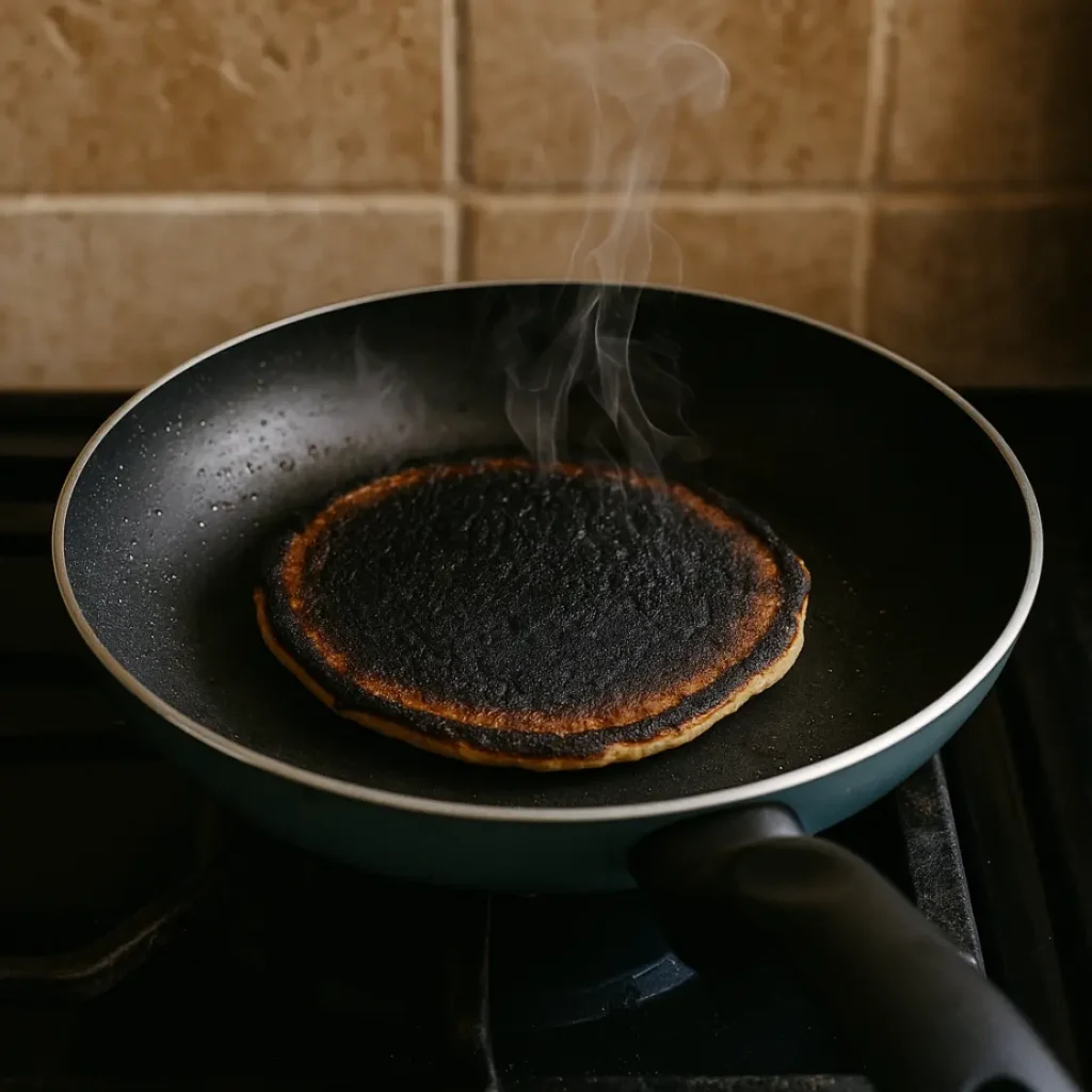 A burnt pancake smoking in a frying pan, representing the unforgettable Pancake Disaster moment.