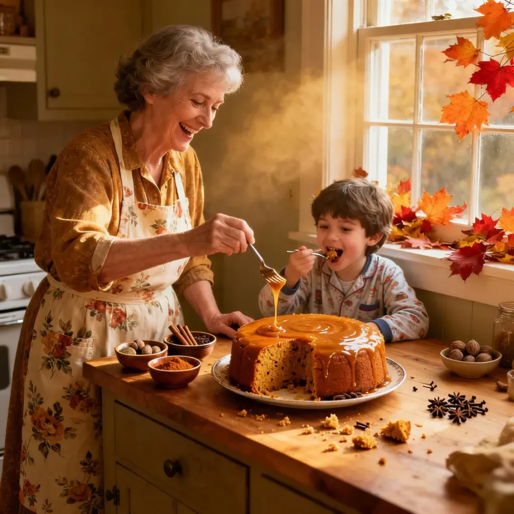 Smiling grandmother and child sharing a pumpkin spice cake with caramel drizzle in a cozy autumn kitchen.