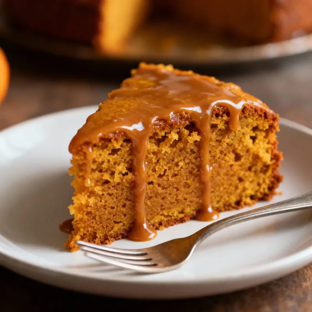 A close-up slice of pumpkin spice cake on a white plate with caramel drizzle spilling over the edges.