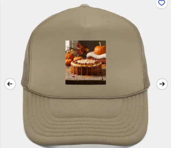 Beige hat featuring a pumpkin spice cake with caramel drizzle design, part of the Taste It and Wear It collection on TeePublic.