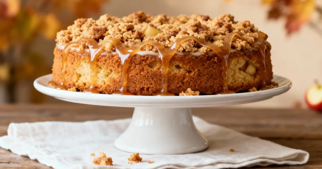 Apple Cider Coffee Cake with thick crumble and glossy apple cider glaze on a white cake stand, cozy fall background