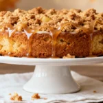 Apple Cider Coffee Cake with thick crumble and glossy apple cider glaze on a white cake stand, cozy fall background