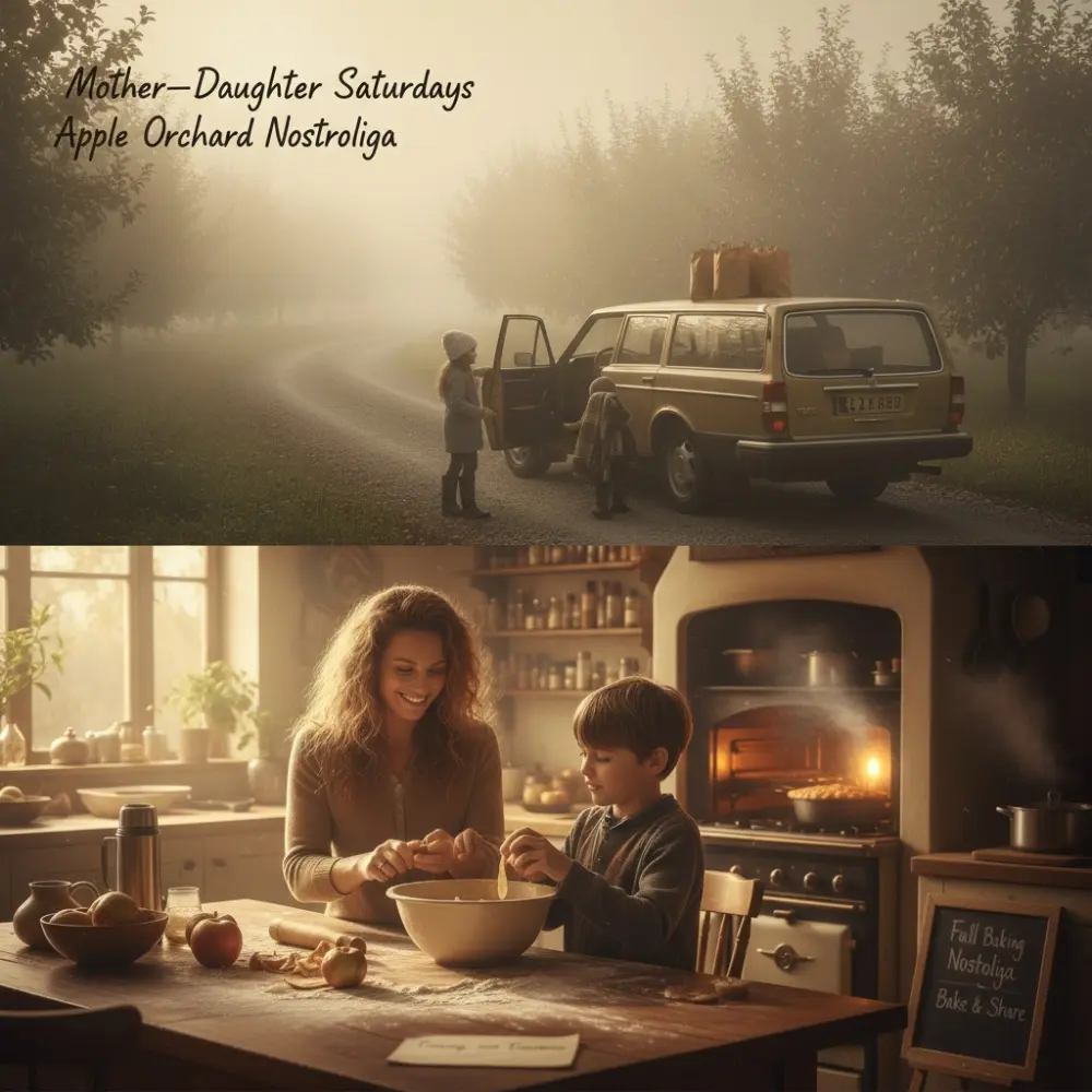 Cider Mill Memories with a foggy orchard drive and a mother-child baking together in a warm kitchen.