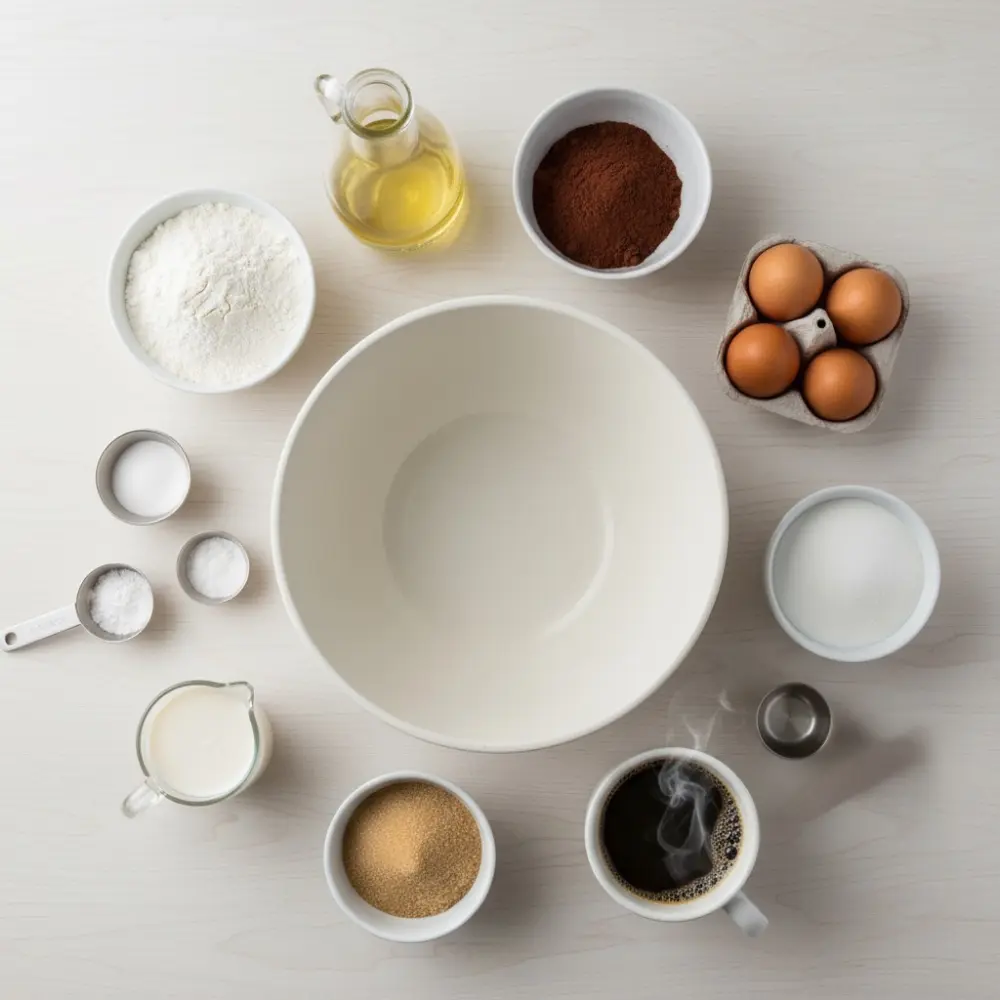 Flat lay of ingredients for one-bowl chocolate cake, including flour, cocoa powder, eggs, oil, sugar, buttermilk, and hot coffee arranged on a light surface.