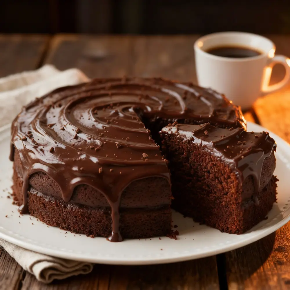 One-bowl chocolate cake on a rustic table beside a warm cup of coffee, soft crumbs and cozy light.
