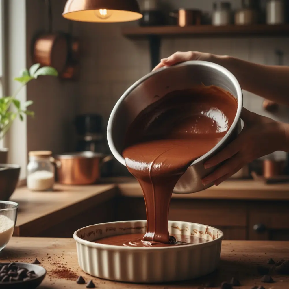 Hands pouring glossy chocolate cake batter from a mixing bowl into a round baking pan in a warm kitchen setting.