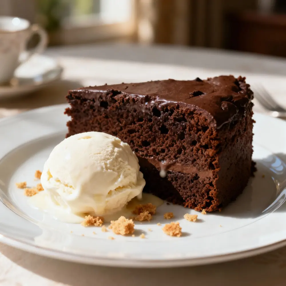 A slice of moist chocolate cake served on a white plate with a scoop of vanilla ice cream melting slightly.