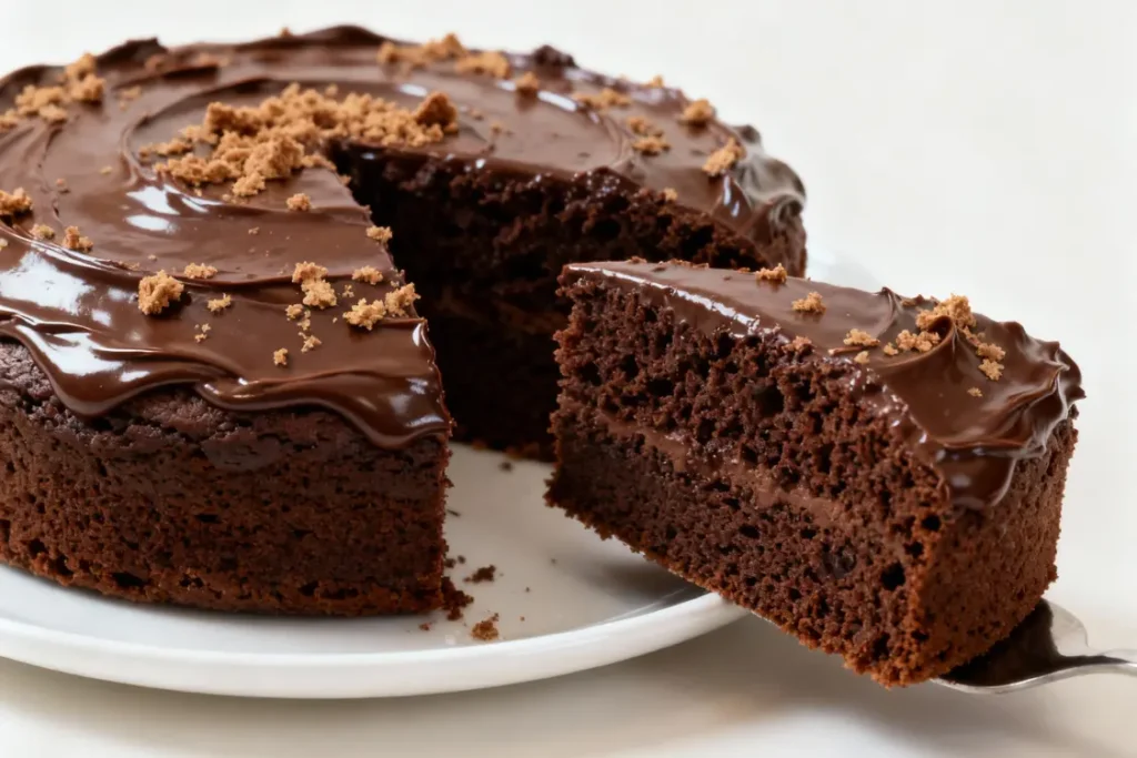 A moist chocolate cake on a white plate topped with glossy frosting and a slice pulled out, showing its soft crumb and rich texture.