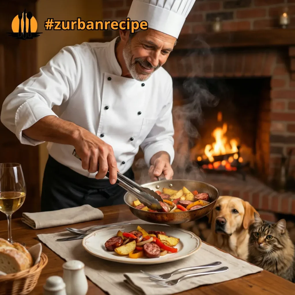 Chef Brooke serving a plate of sheet pan sausage with roasted peppers and potatoes in a cozy kitchen scene with warm lighting.