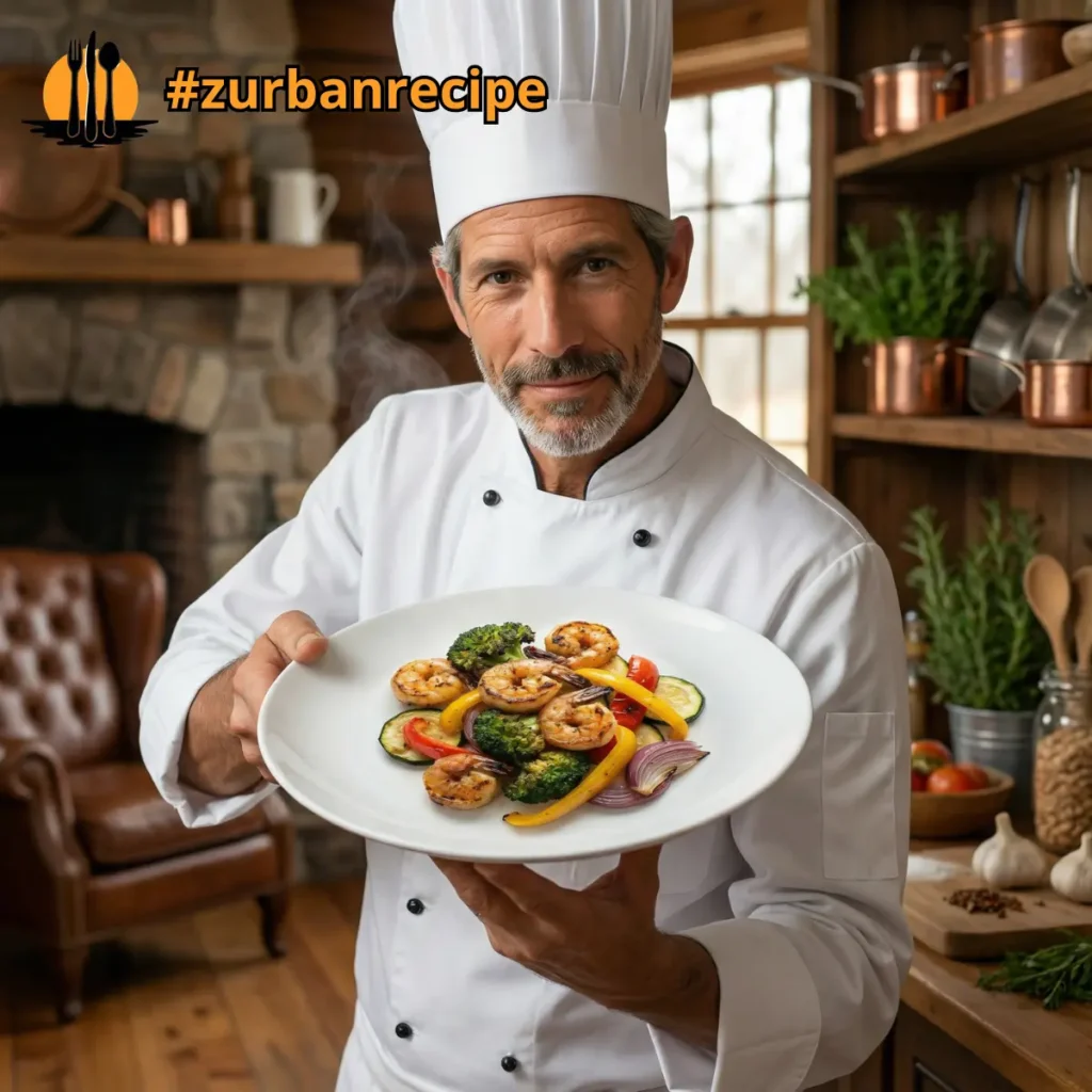 Chef Brooke holding a plate of shrimp scampi with roasted vegetables in a warm kitchen setting
