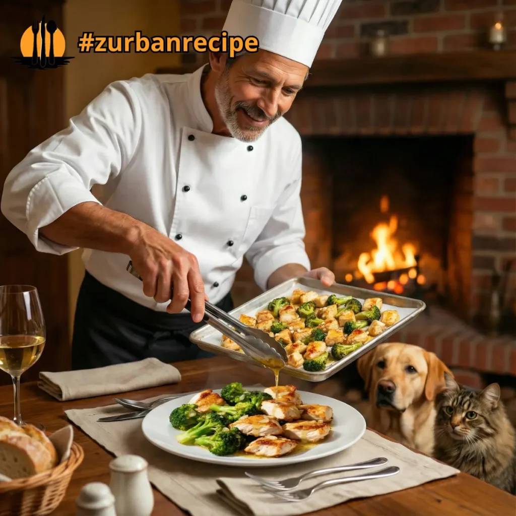 Chef plating Sheet Pan Garlic Chicken with broccoli in a warm kitchen setting
