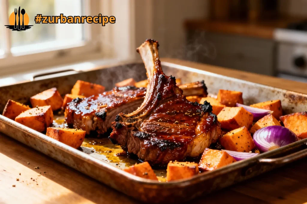 BBQ chops roasted on a sheet pan with golden sweet potatoes and red onions in warm natural light.