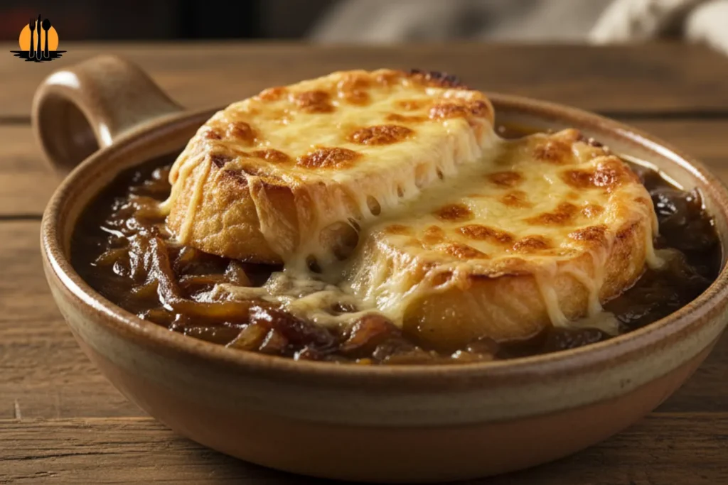 French Onion Soup with melted Gruyere and toasted baguette