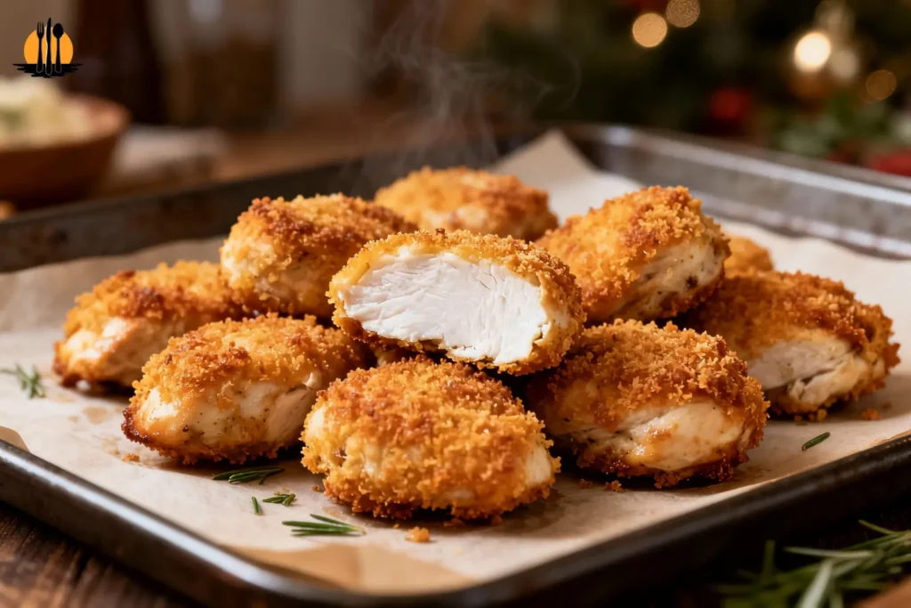 Golden and Juicy Baked Chicken Bites fresh out of the oven showing a tender interior
