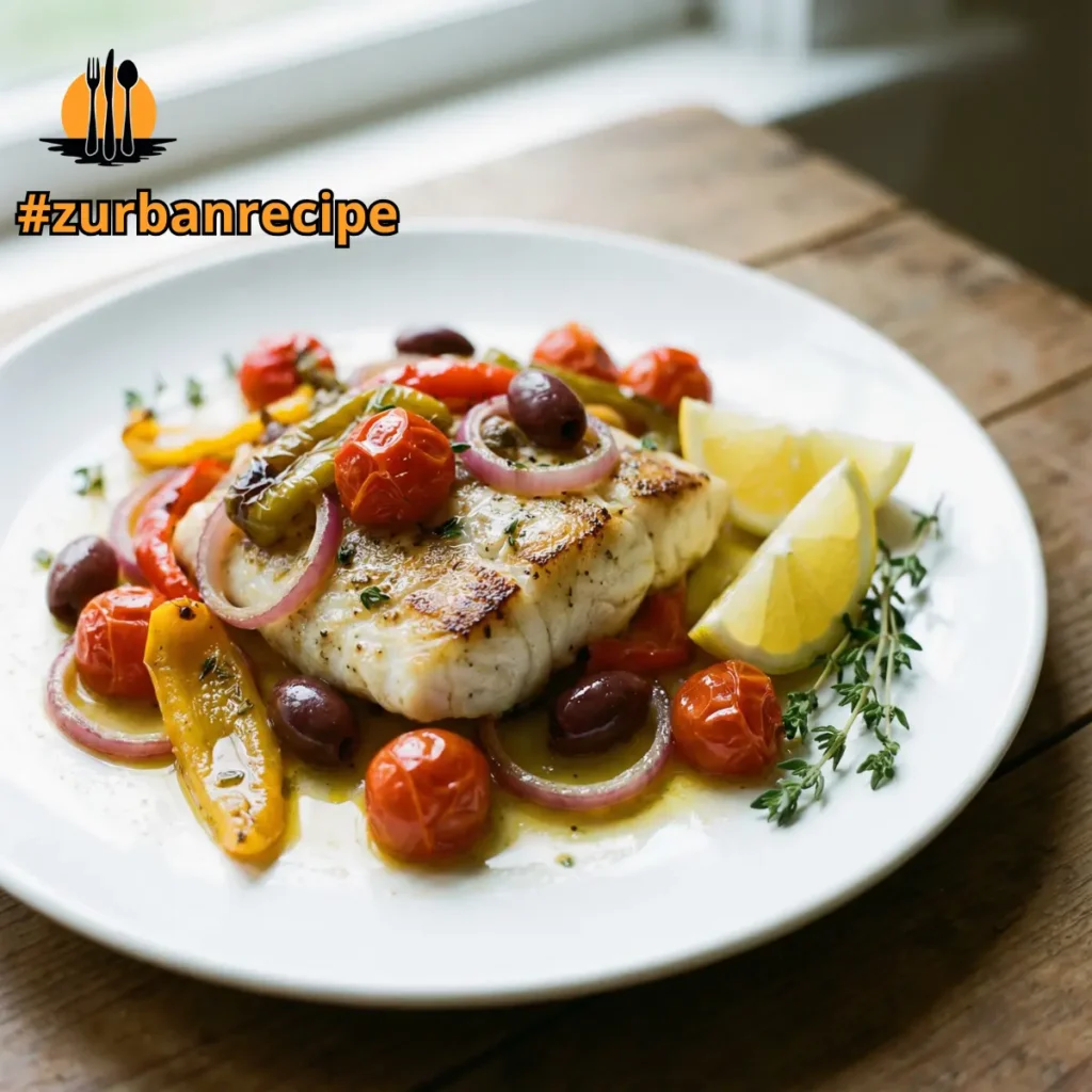 Plated Mediterranean sheet pan fish with roasted tomatoes, peppers, onions and olives on a white dish.