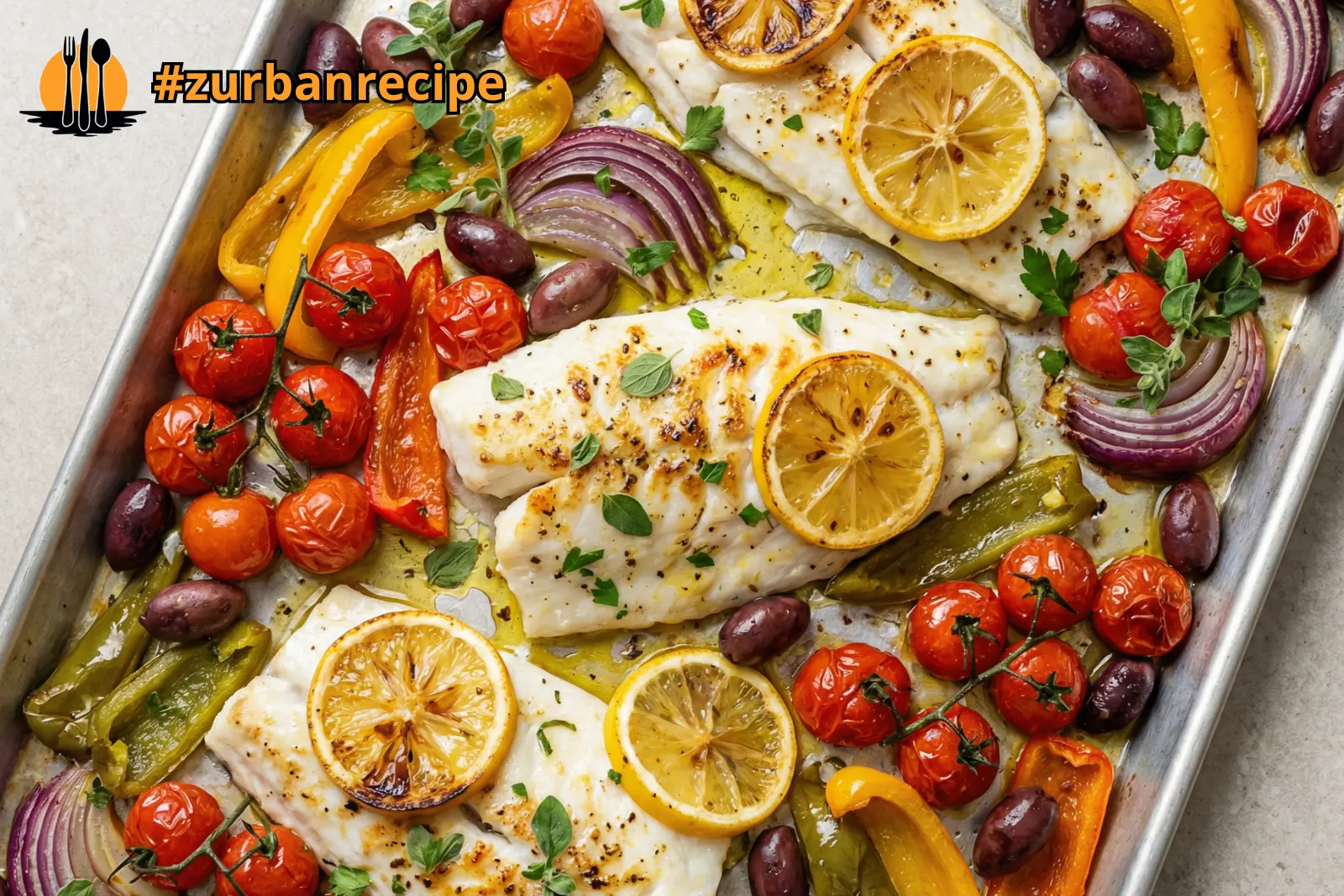 Mediterranean sheet pan fish with white fillets, roasted vegetables and lemon slices on a baking tray.