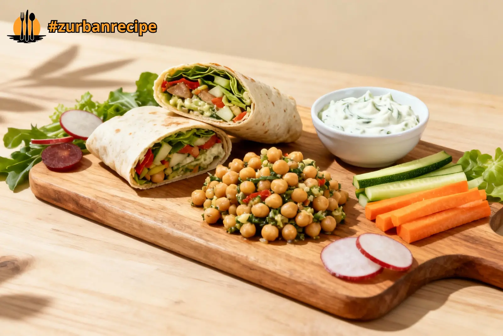 no-cook quick meals arranged on a table with wraps, salads, and fresh ingredients