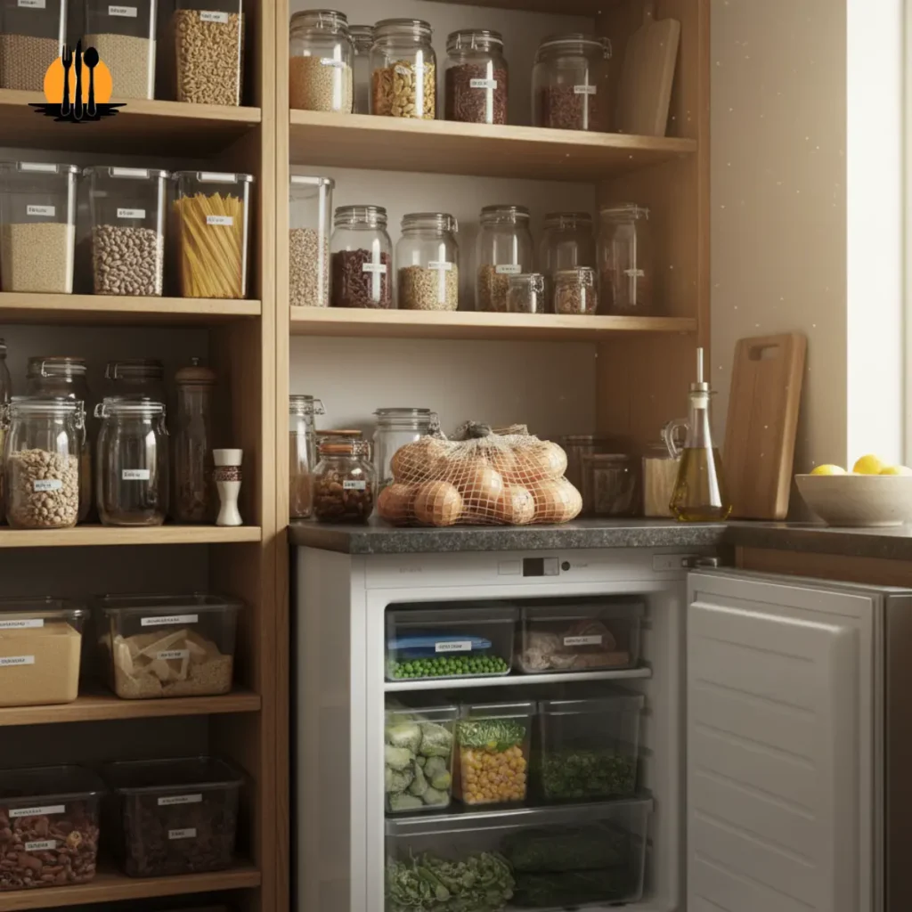 Pantry-only quick meals planning with organized pantry shelves and freezer storage