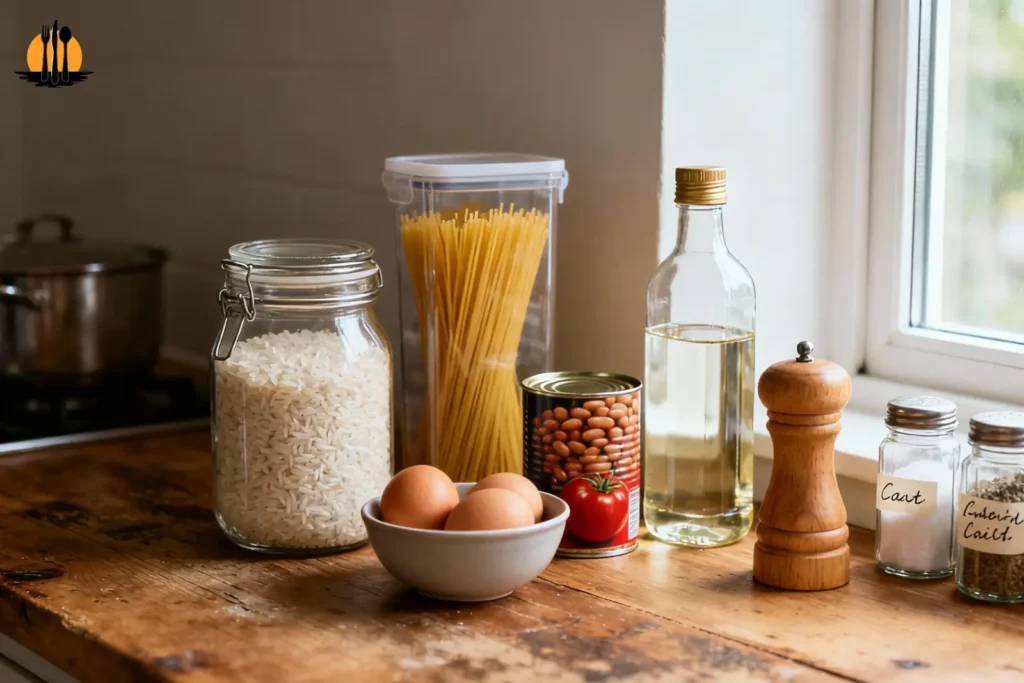 Pantry-only quick meals ingredients including rice, pasta, canned beans, eggs, oil, and spices on a kitchen counter
