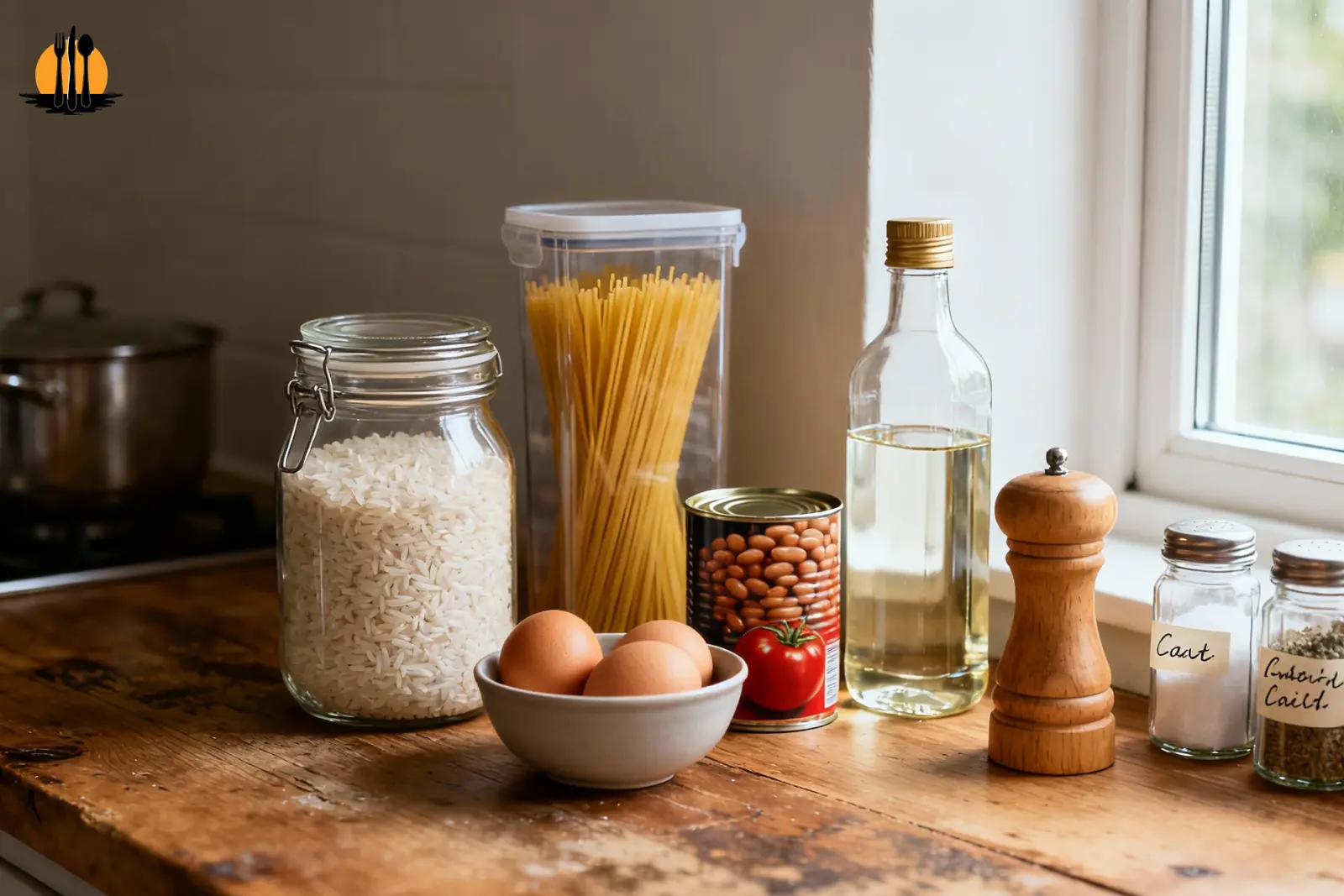 Pantry-only quick meals ingredients including rice, pasta, canned beans, eggs, oil, and spices on a kitchen counter