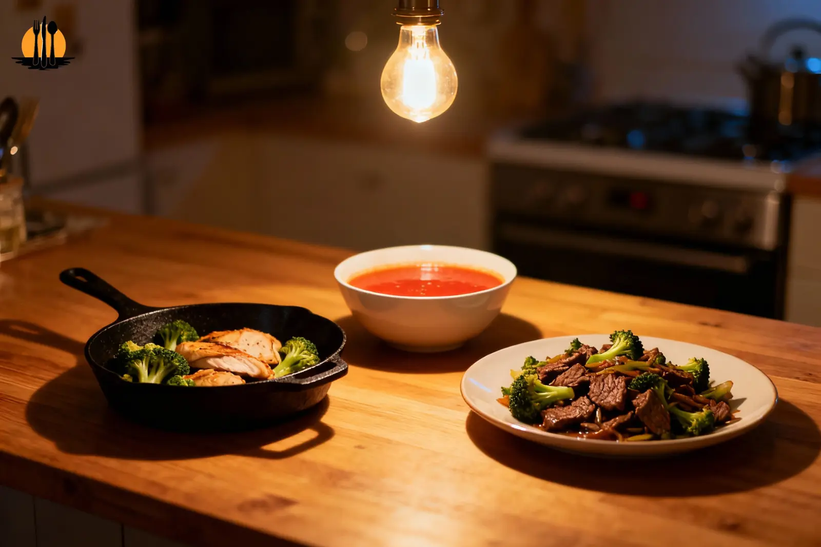 quick meals busy nights featuring simple chicken skillet, soup, and beef dinner on a cozy evening kitchen counter