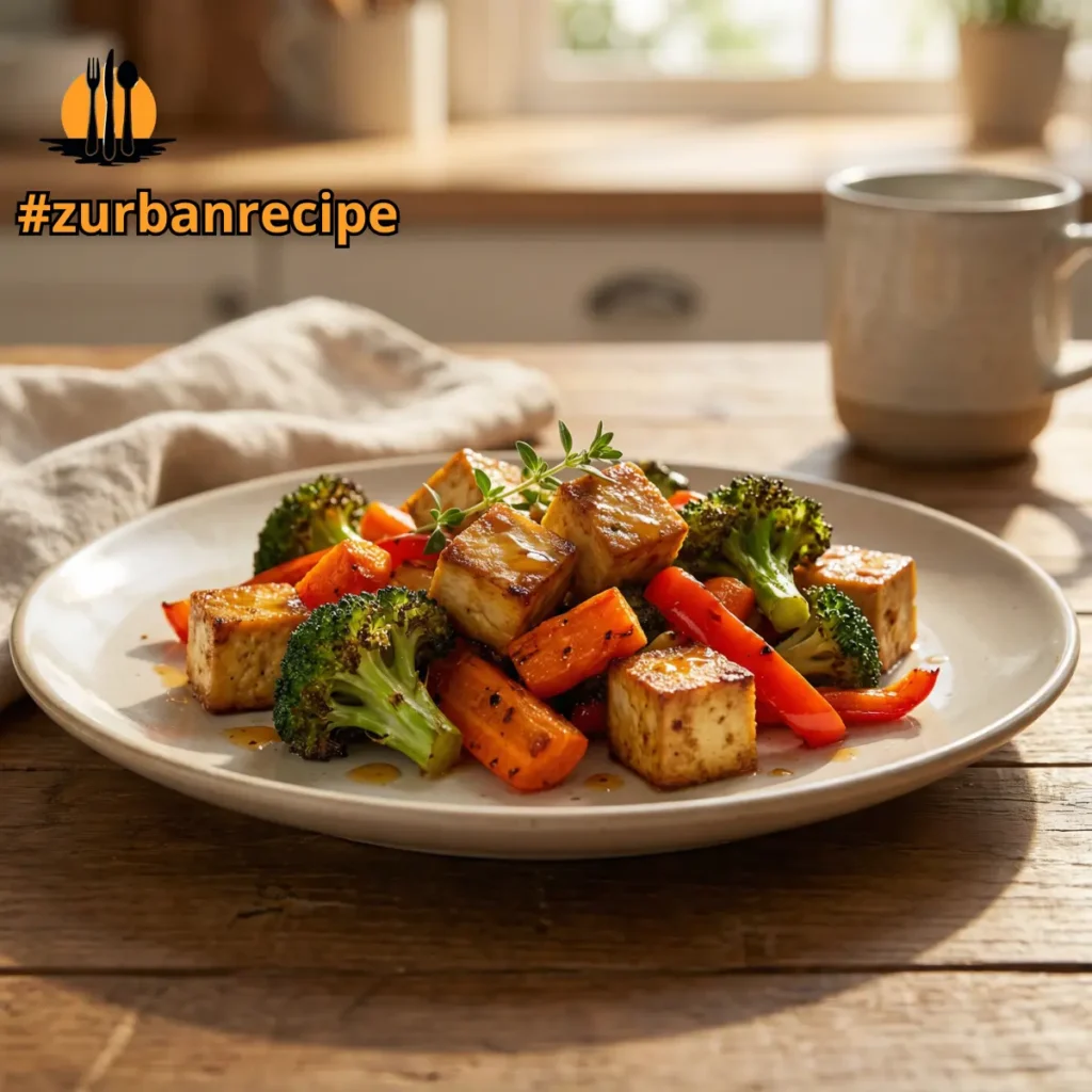 Plated sheet pan tofu with roasted broccoli carrots and peppers on a ceramic dish