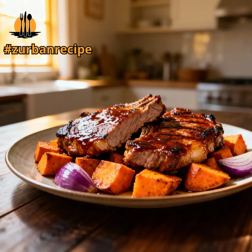 Tender BBQ chops sliced and served on a plate with roasted sweet potatoes and red onion in warm natural kitchen light.