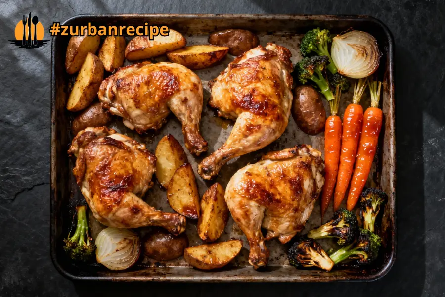 Overhead view of Sheet Pan Chicken with roasted vegetables, golden chicken pieces, and caramelized potatoes on a baking tray.
