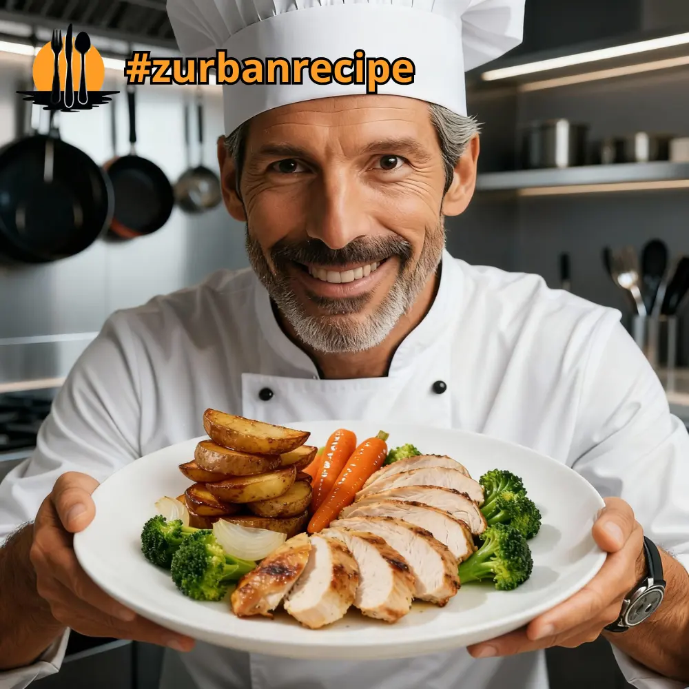 Chef Brooke holding a plate of Sheet Pan Chicken with roasted vegetables