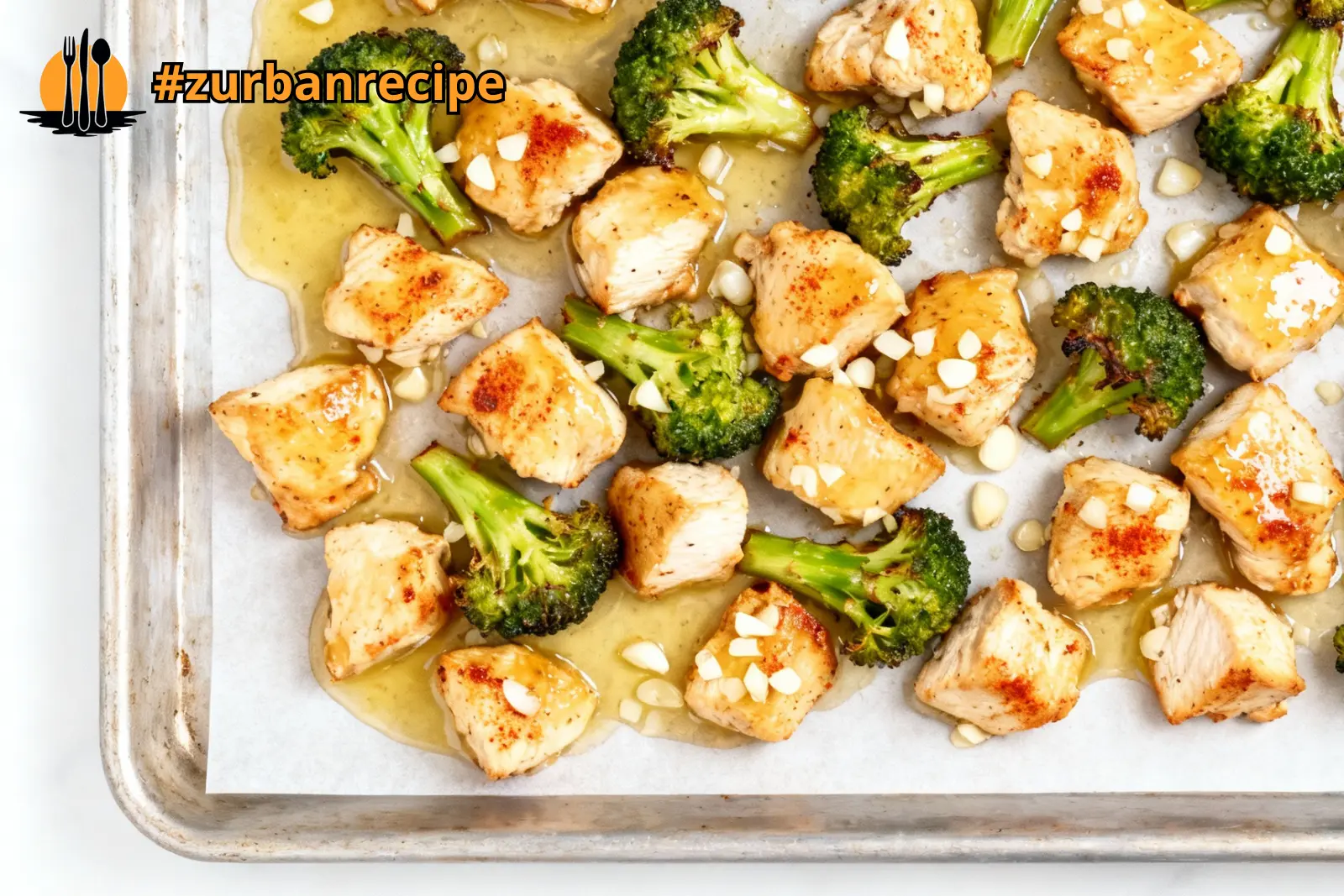 Sheet pan garlic chicken with broccoli coated in a light garlic butter sauce.