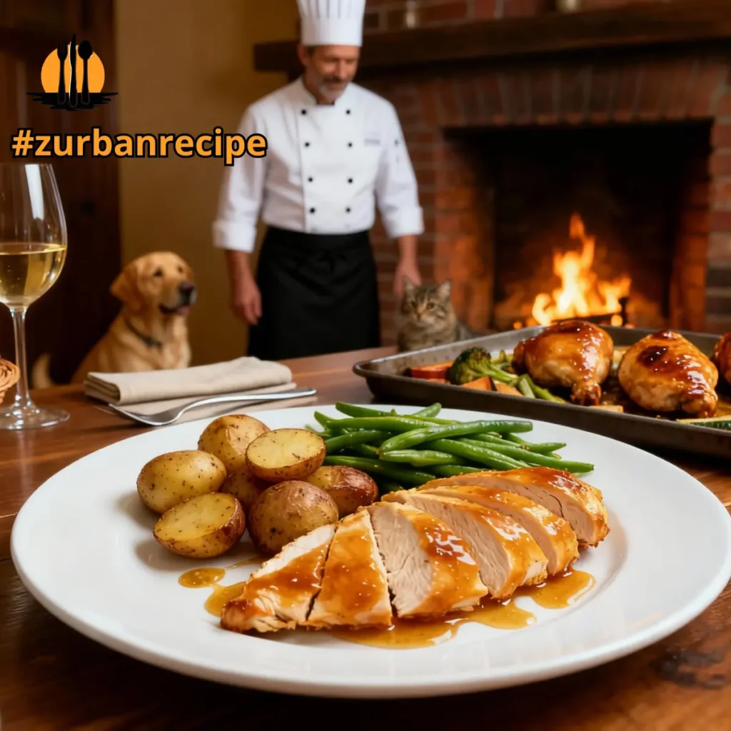 Plate of sheet pan honey chicken with roasted potatoes and green beans served in a warm kitchen setting.