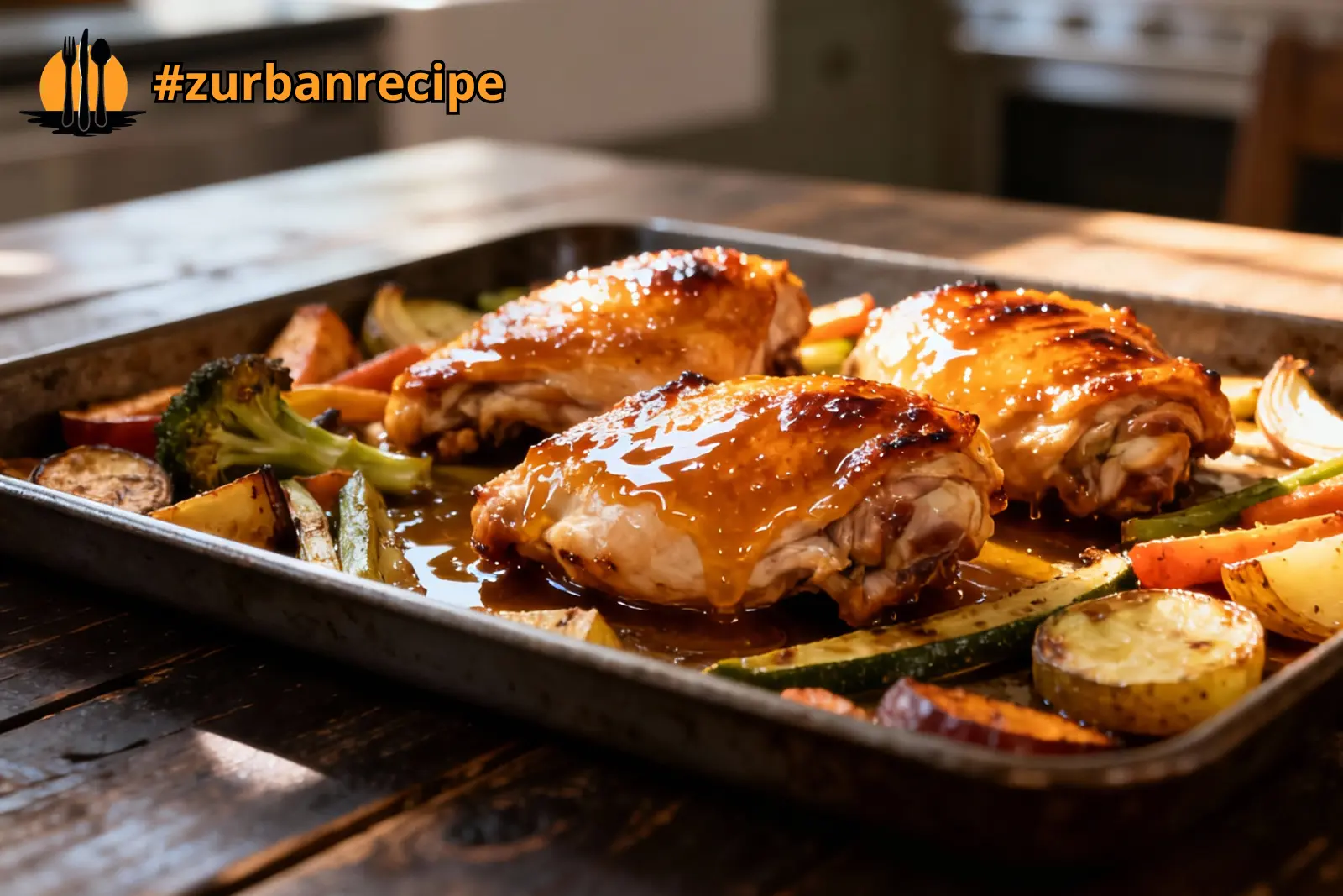 Sheet Pan Honey Chicken roasted with vegetables on a baking tray, golden and glossy.