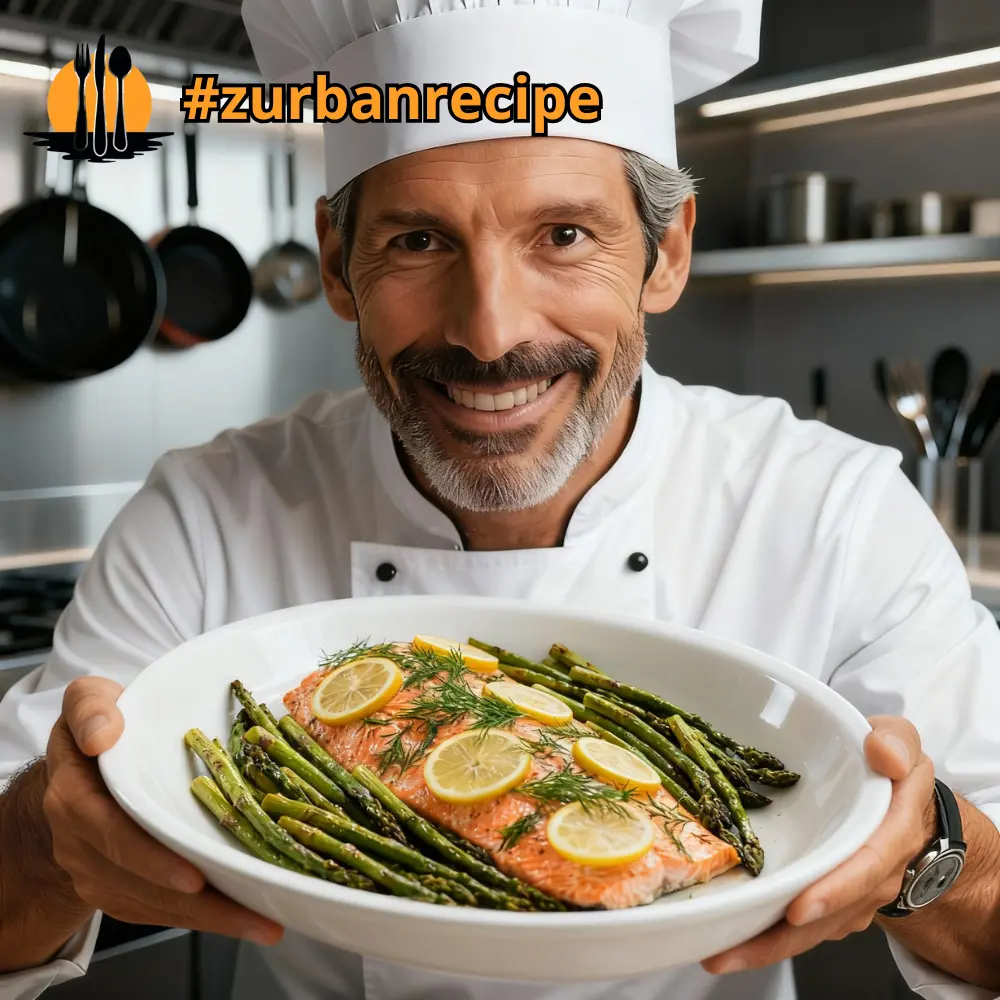 Chef holding a dish of Sheet Pan Salmon with lemon slices and roasted asparagus, styled for a recipe blog.