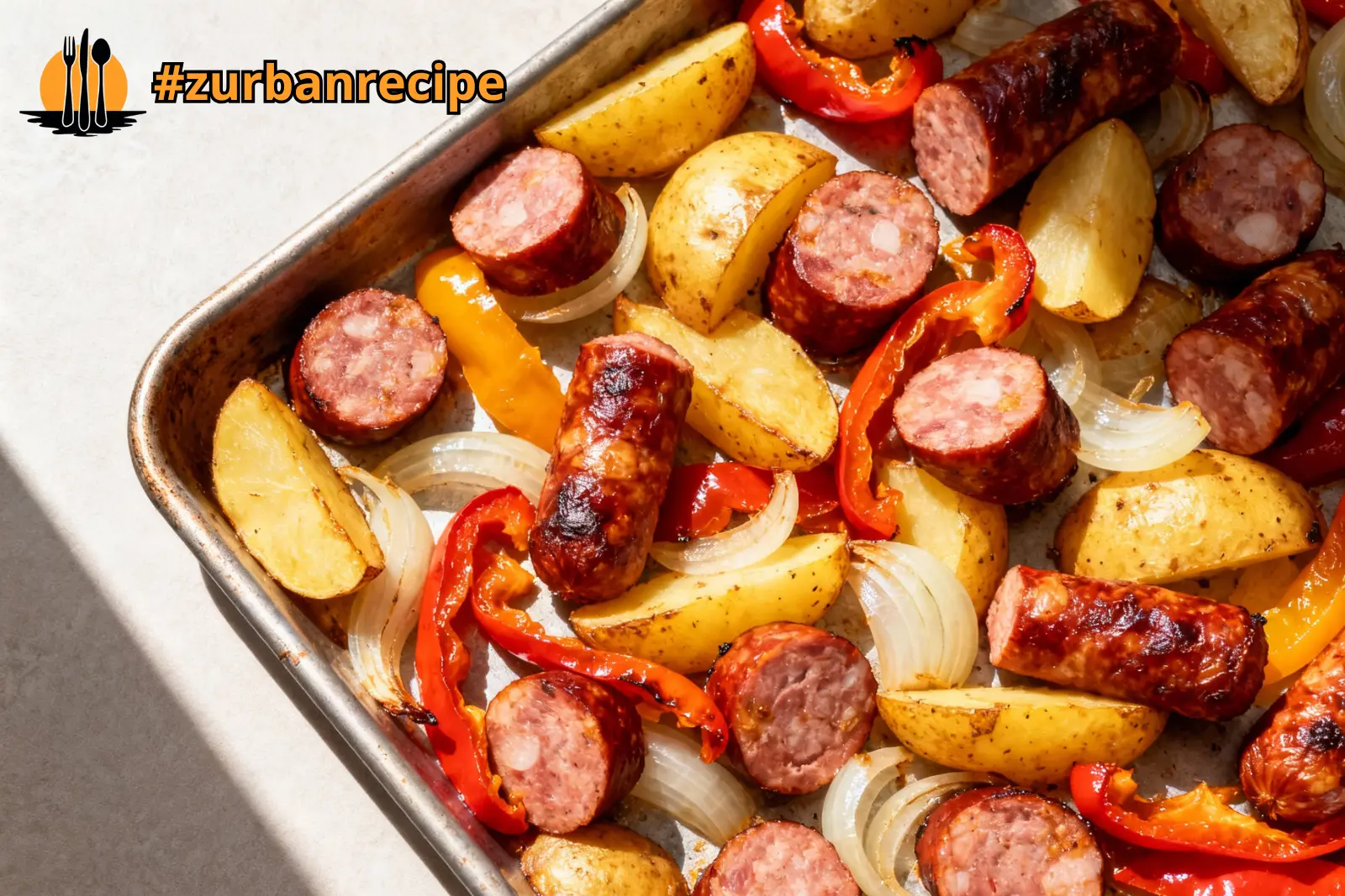 Overhead view of a sheet pan sausage dinner with roasted peppers, onions, and potatoes, showcasing vibrant colors and crisp textures.