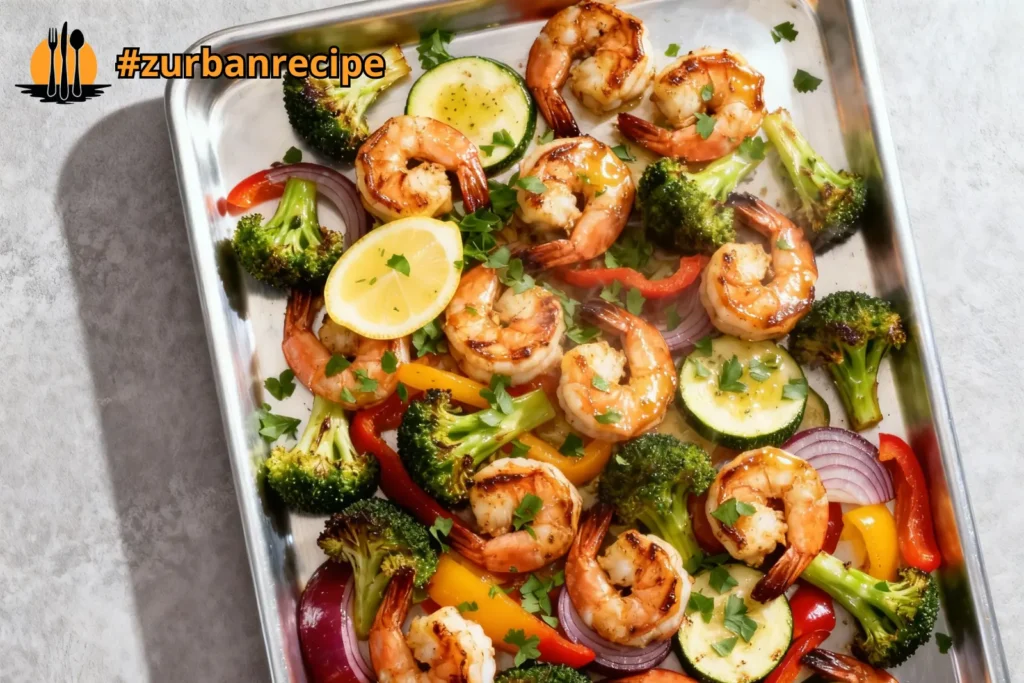Sheet Pan Shrimp Scampi with roasted broccoli, peppers, and zucchini on a baking tray.
